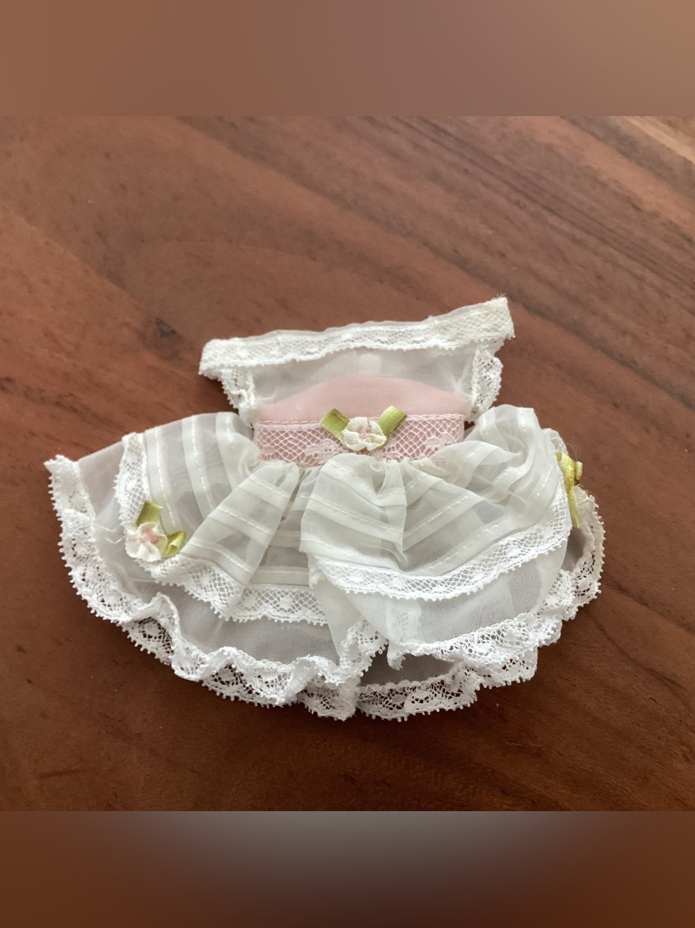 Vtg. Ruffled sheer white lace doll dress with lace and delicate pink and green